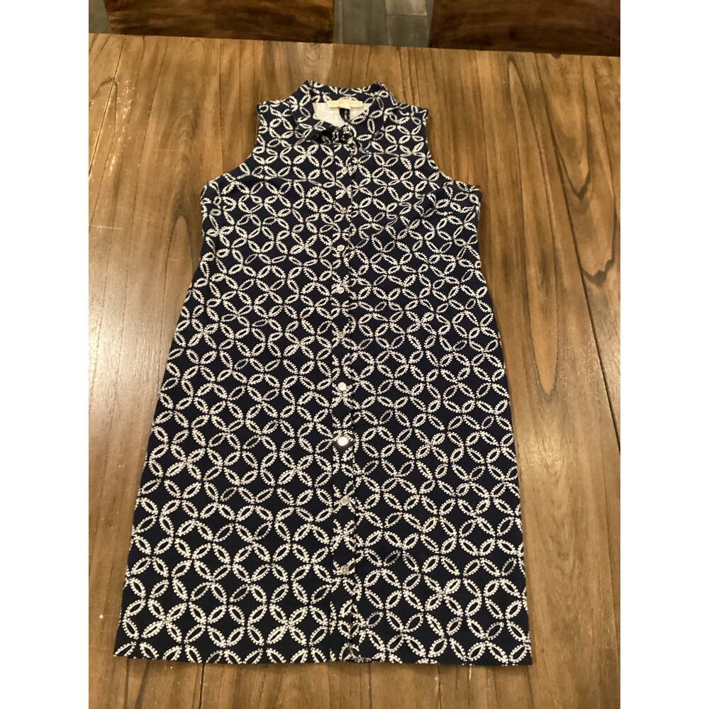 MICHAEL Michael Kors Patterned Navy White Button Down sleeveless Shirt Dress 8